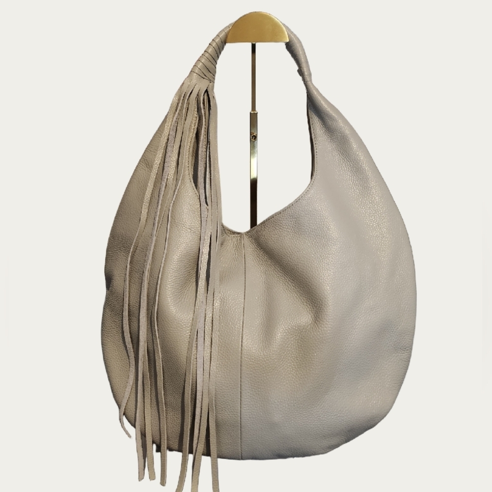 Soft Pebbled Hobo Bag with Fringe Strap - Taupe